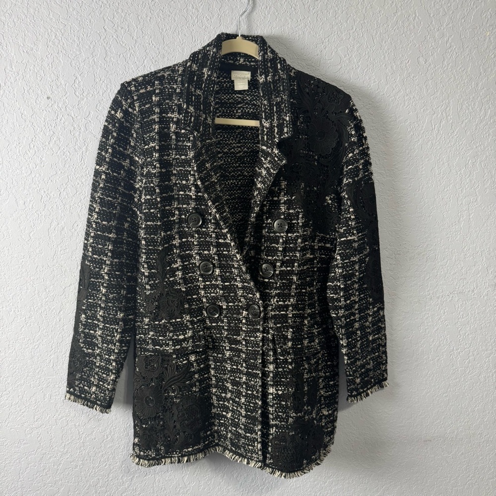 Chico’s Tweed Embroidered Lace Sweater Blazer Size 1 (Medium)